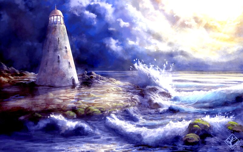 Lighthouse on Rocky Shore — Blue, Dramatic, Sunset, Digital Art