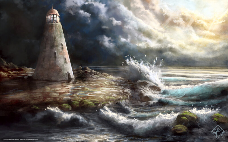 Lighthouse on Rocky Shore — Blue, Dramatic, Sunset, Digital Art, Waves