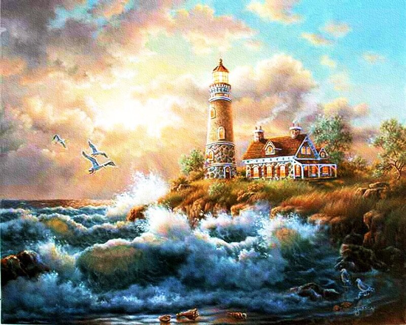 Lighthouse on Rocky Shore — Blue, Dramatic, Sunset, Painting, House
