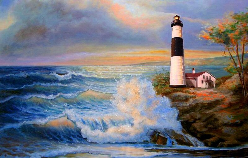 Lighthouse on Rocky Shore — Blue, Dramatic, Sunset, Painting, Ocean Waves
