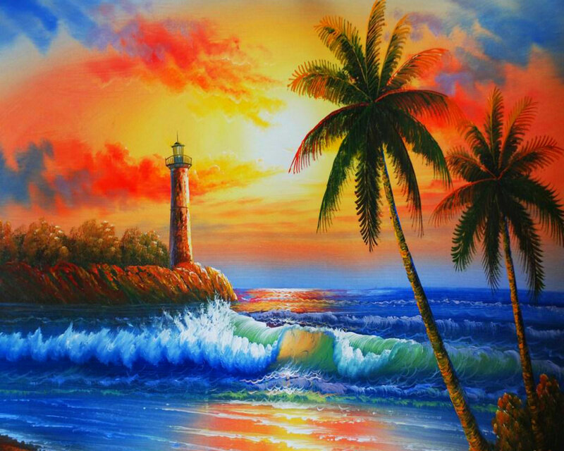 Lighthouse on Rocky Shore — Blue, Dramatic, Sunset, Painting, Palm Trees