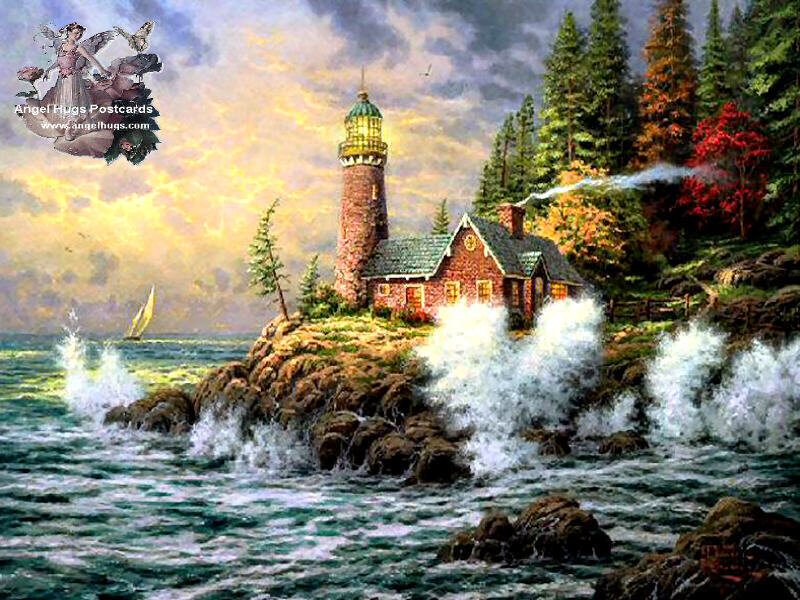 Lighthouse on Rocky Shore — Blue, Dramatic, Sunset, Painting, Sailboat, Forest