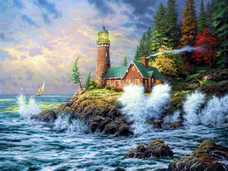 Lighthouse on Rocky Shore — Blue, Dramatic, Sunset, Painting, Sailboat