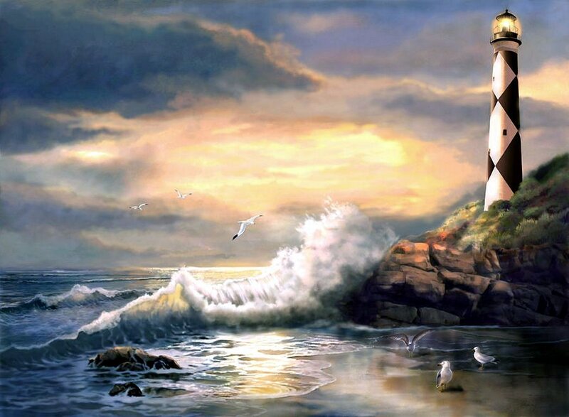 Lighthouse on Rocky Shore — Blue, Dramatic, Sunset, Painting, Seagulls