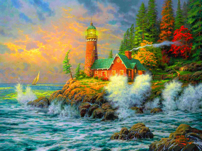 Lighthouse on Rocky Shore — Blue, Dramatic, Sunset, Painting