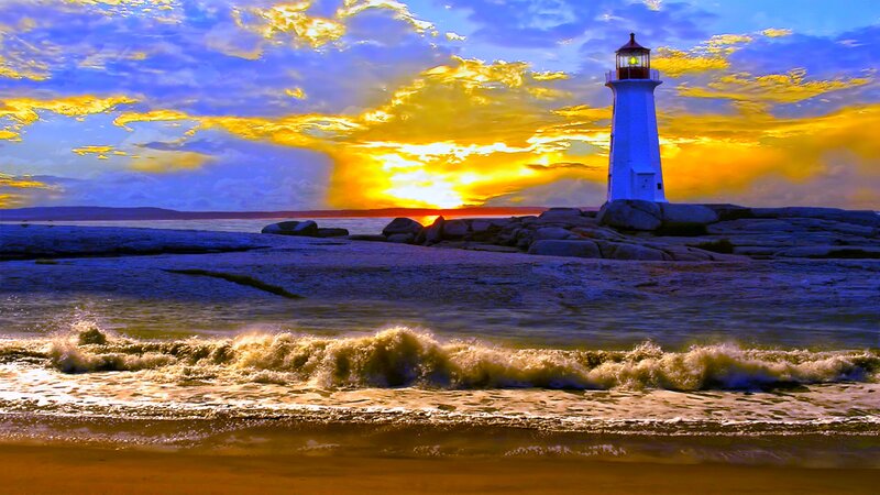 Lighthouse on Rocky Shore — Blue, Dramatic, Sunset, Photograph, Ocean, Waves