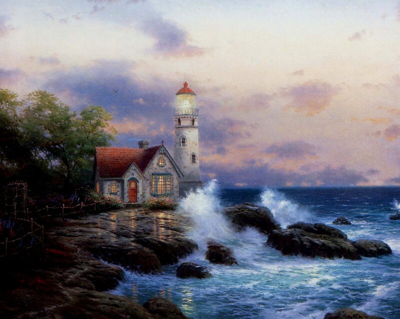 Lighthouse on Rocky Shore — Blue, Dramatic, Sunset
