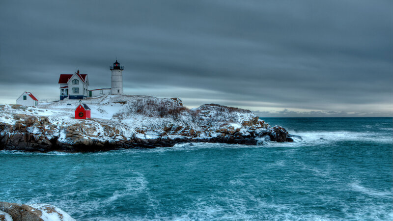 Lighthouse on Rocky Shore — Blue, Dramatic, Winter, Photograph, Ocean