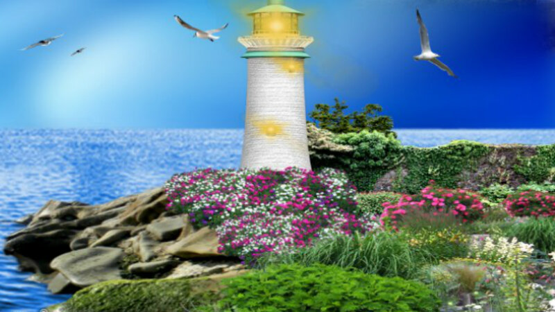 Lighthouse on Rocky Shore — Blue, Serene, Afternoon, Digital Art, Seagulls, Flowers