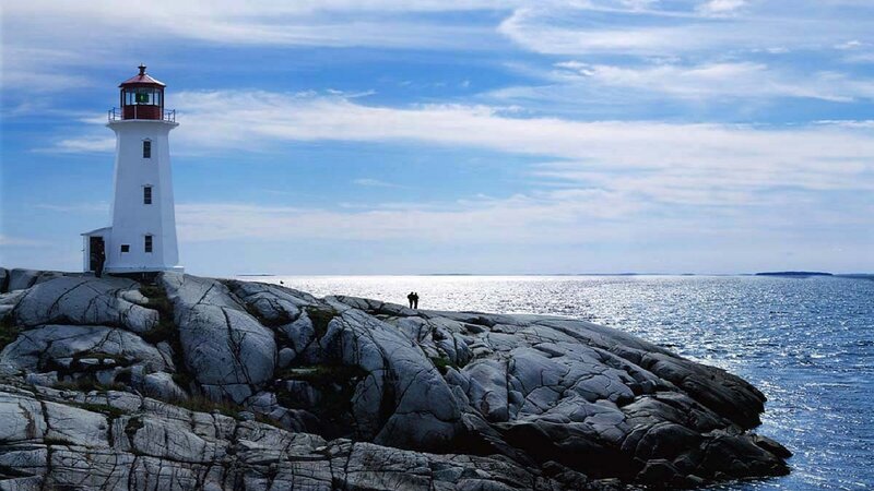Lighthouse on Rocky Shore — Blue, Serene, Afternoon, Photograph, Ocean, Sky