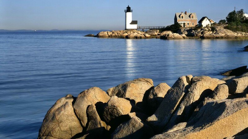 Lighthouse on Rocky Shore — Blue, Serene, Morning, Photograph, House