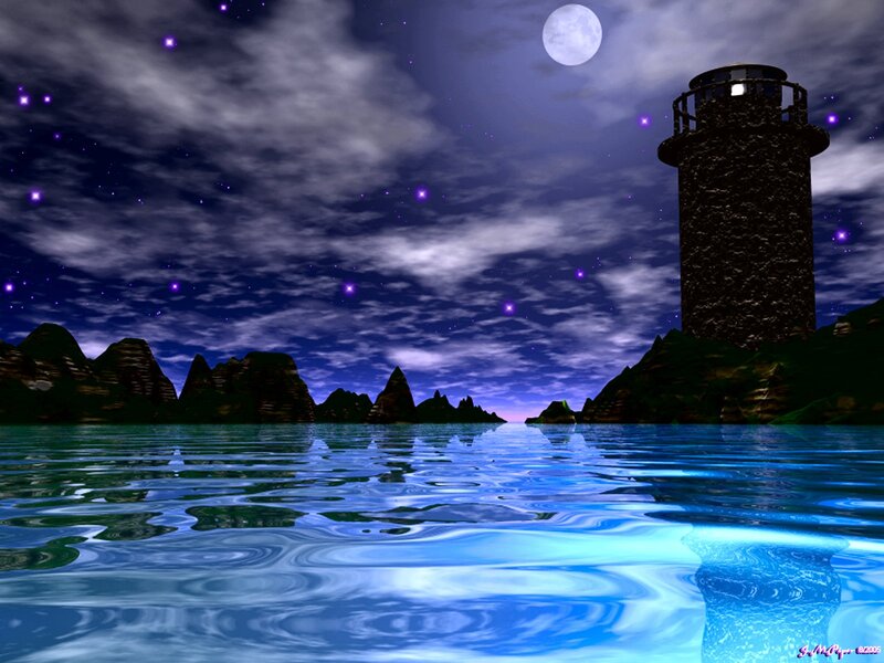 Lighthouse on Rocky Shore — Blue, Serene, Night, Digital Art, Moon, Stars