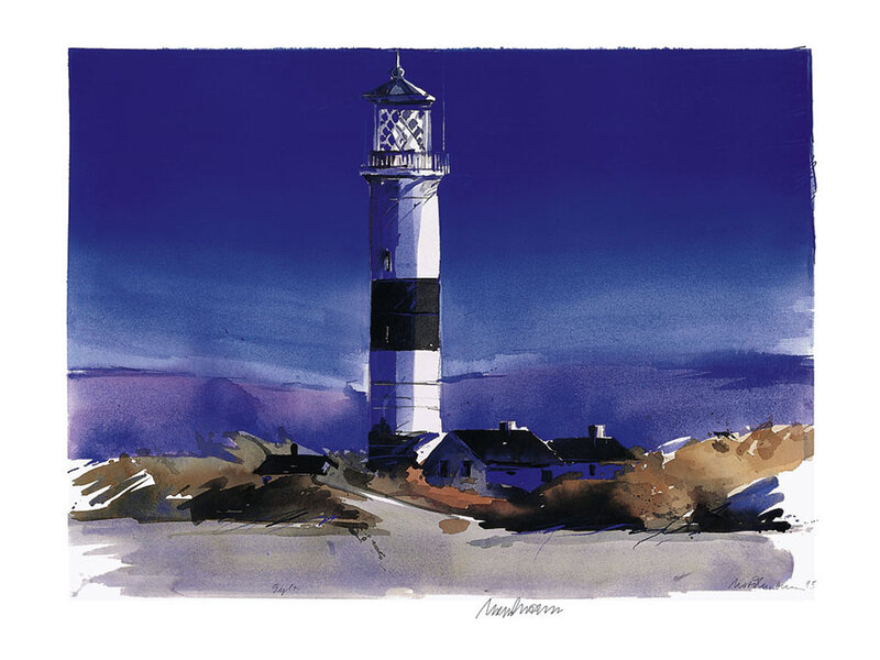Lighthouse on Rocky Shore — Blue, Serene, Night