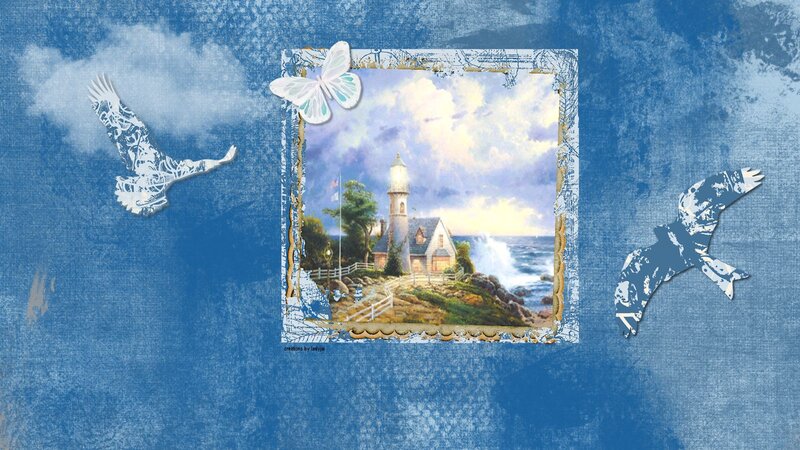 Lighthouse on Rocky Shore — Blue, Serene, Sunset, Illustration