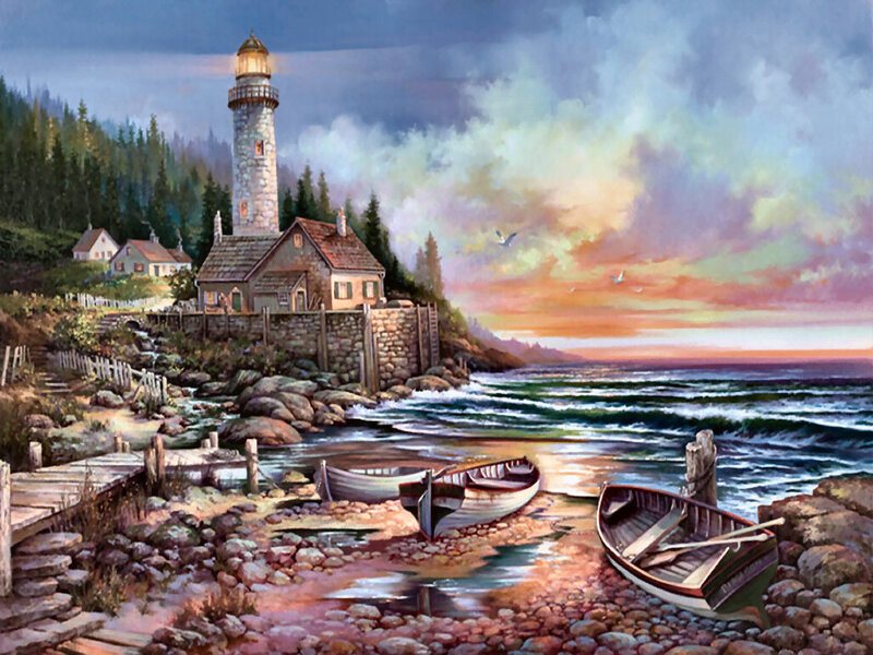 Lighthouse on Rocky Shore — Blue, Serene, Sunset, Painting, Boats