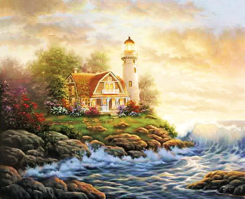 Lighthouse on Rocky Shore — Blue, Serene, Sunset, Painting, House, Ocean