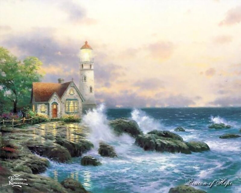 Lighthouse on Rocky Shore — Blue, Serene, Sunset, Painting, House, Ocean, Waves