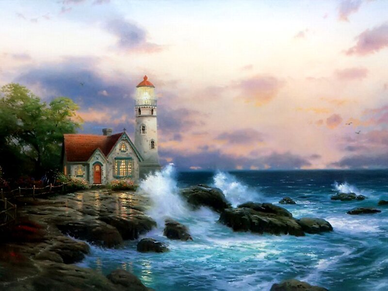 Lighthouse on Rocky Shore — Blue, Serene, Sunset, Painting