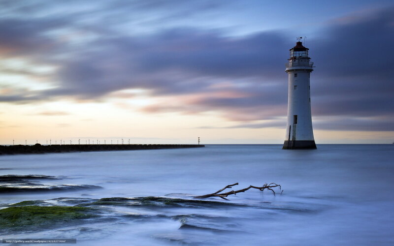 Lighthouse on Rocky Shore — Blue, Serene, Sunset, Photograph, Driftwood