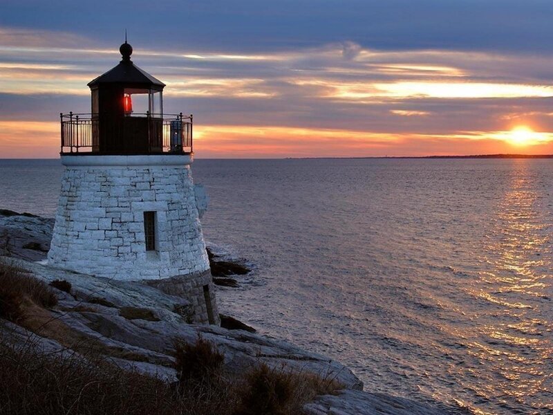 Lighthouse on Rocky Shore — Blue, Serene, Sunset, Photograph, Ocean, Sky, Sun