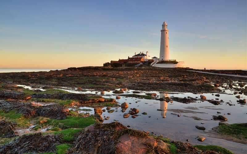 Lighthouse on Rocky Shore — Blue, Serene, Sunset, Photograph, Rocks, Seaweed