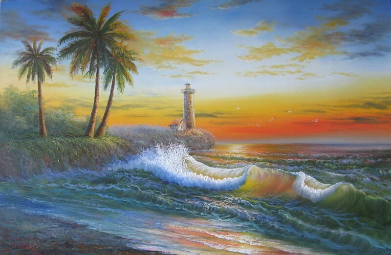 Lighthouse on Rocky Shore — Blue, Serene, Sunset