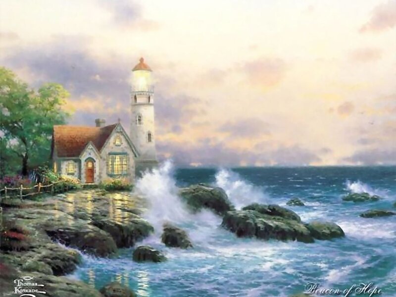 Lighthouse on Rocky Shore — Blue, Serene