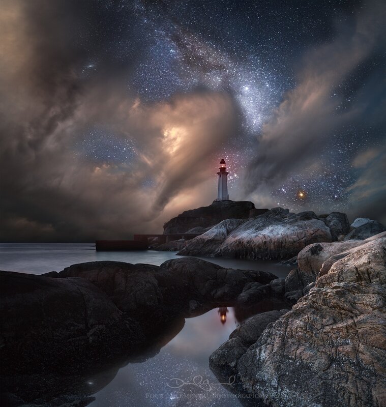 Lighthouse on Rocky Shore — Dark Blue, Dramatic, Night
