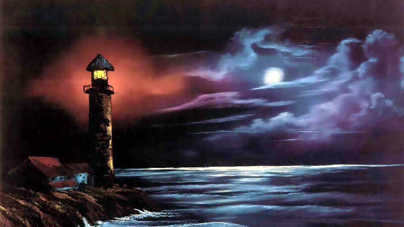 Lighthouse on Rocky Shore — Dark Blue, Dramatic
