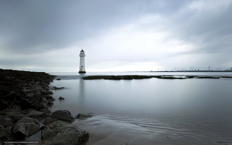 Lighthouse on Rocky Shore — Gray, Calm
