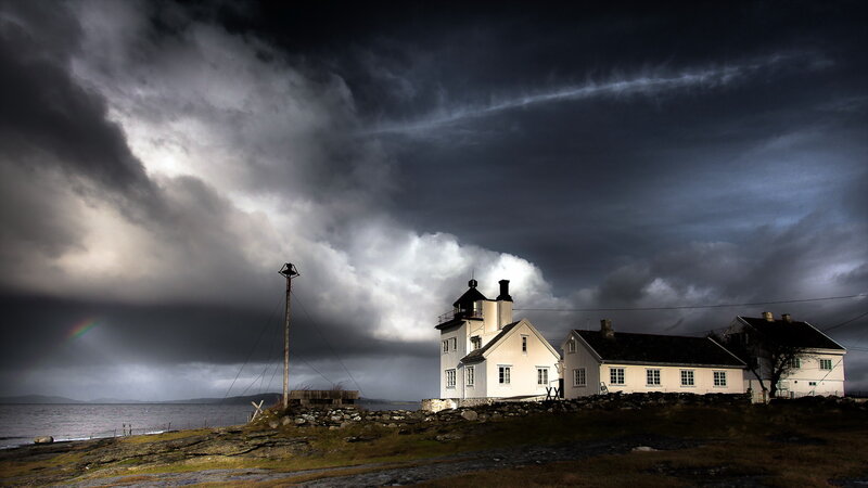 Lighthouse on Rocky Shore — Gray, Dramatic, Night