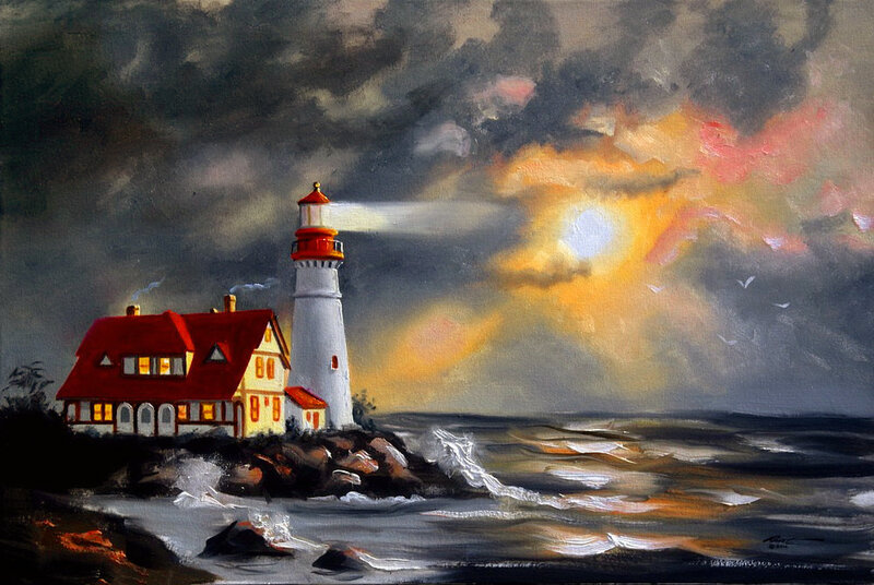 Lighthouse on Rocky Shore — Gray, Dramatic, Sunset, Painting