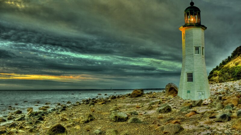 Lighthouse on Rocky Shore — Gray, Dramatic, Sunset, Photograph, Ocean, Sky
