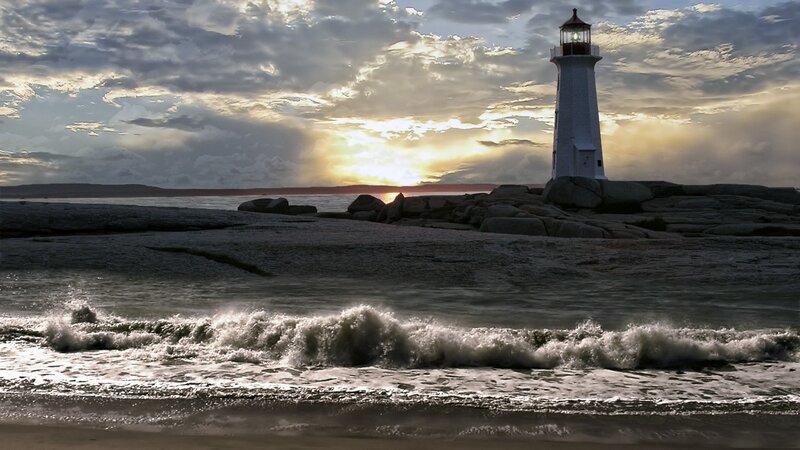 Lighthouse on Rocky Shore — Gray, Dramatic, Sunset, Photograph, Ocean