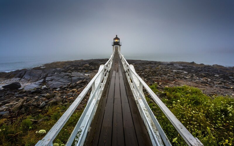 Lighthouse on Rocky Shore — Gray, Serene, Morning