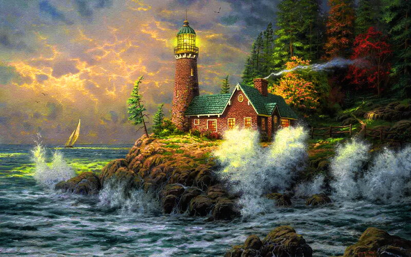 Lighthouse on Rocky Shore — Green, Dramatic, Sunset, Painting, Sailboat, Forest