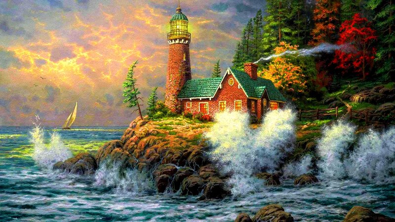 Lighthouse on Rocky Shore — Green, Dramatic, Sunset, Painting, Sailboat, Forest, Waves, House