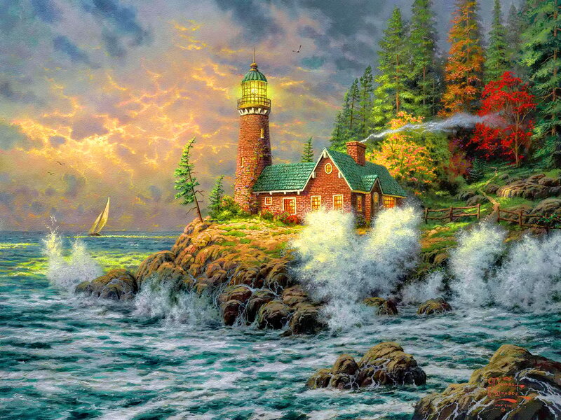 Lighthouse on Rocky Shore — Green, Dramatic, Sunset, Painting, Sailboat, Forest, Waves