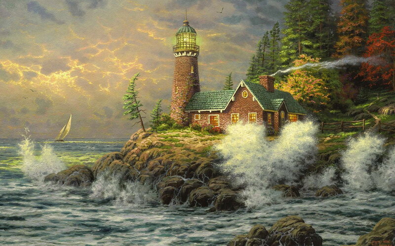 Lighthouse on Rocky Shore — Green, Dramatic, Sunset, Painting, Sailboat
