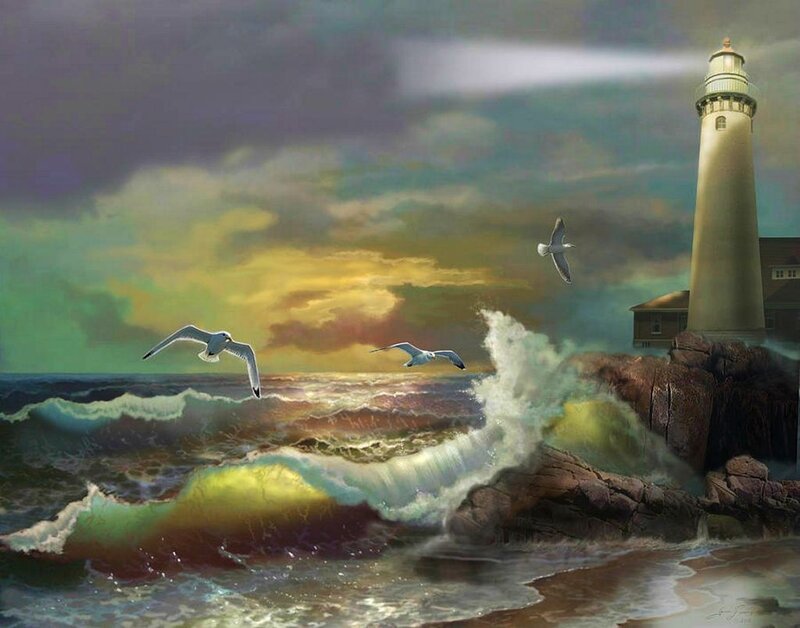 Lighthouse on Rocky Shore — Green, Dramatic, Sunset, Painting, Seagulls