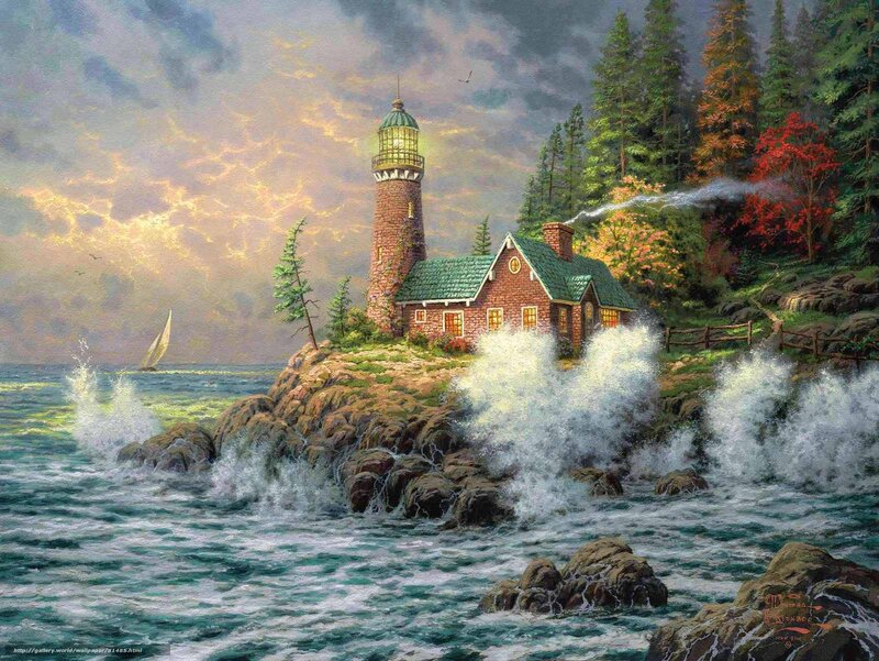 Lighthouse on Rocky Shore — Green, Dramatic, Sunset