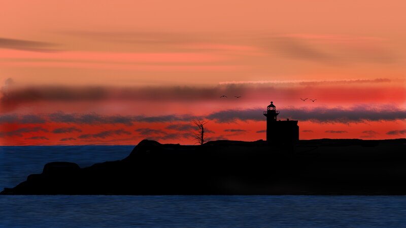 Lighthouse on Rocky Shore — Orange, Dramatic, Sunset, Digital Art