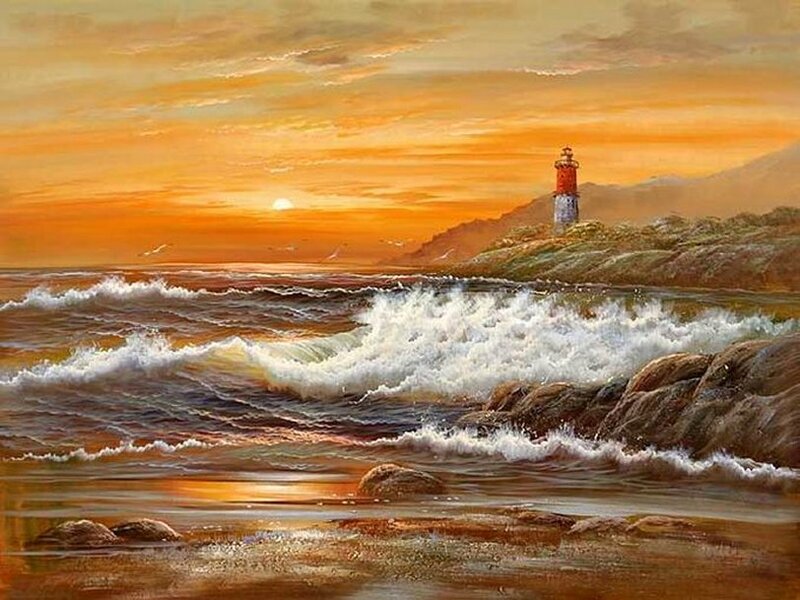 Lighthouse on Rocky Shore — Orange, Dramatic, Sunset, Painting
