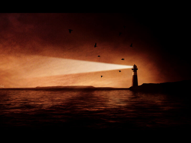 Lighthouse on Rocky Shore — Orange, Dramatic, Sunset