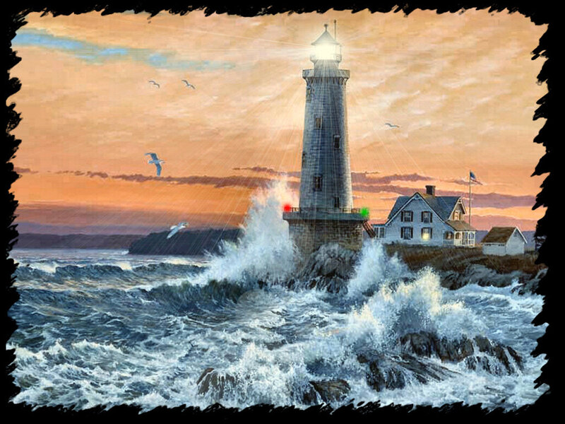 Lighthouse on Rocky Shore — Orange, Dramatic