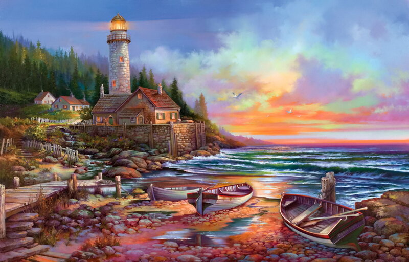 Lighthouse on Rocky Shore — Orange, Serene, Sunset, Painting