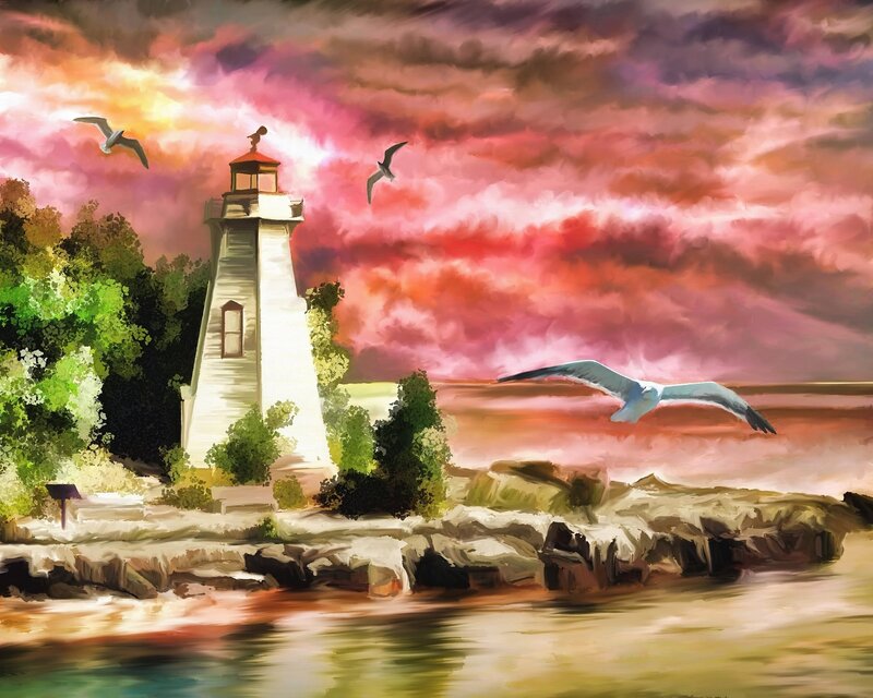 Lighthouse on Rocky Shore — Pink, Dramatic