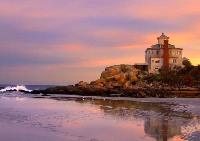 Lighthouse on Rocky Shore — Pink, Serene, Sunset, Photograph, Ocean