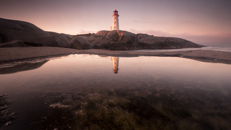 Lighthouse on Rocky Shore — Pink, Serene