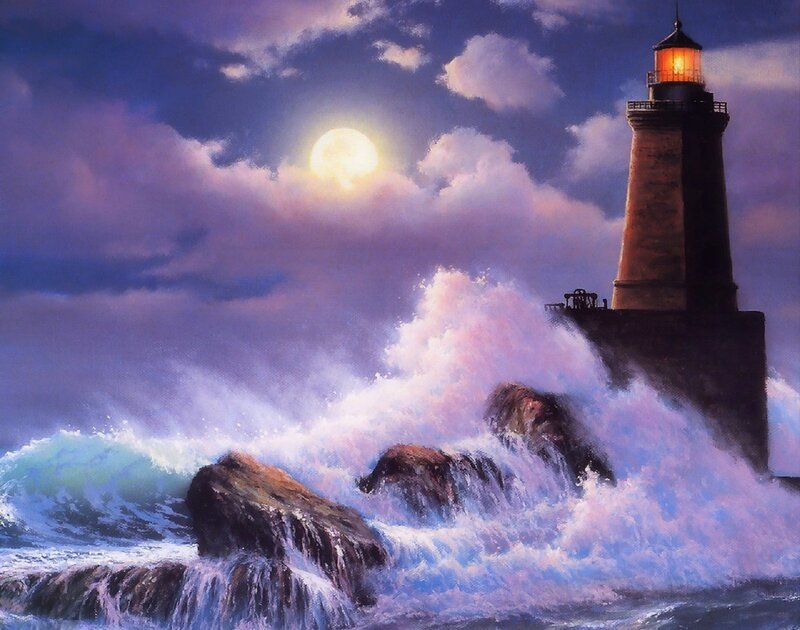 Lighthouse on Rocky Shore — Purple, Dramatic, Night, Painting, Moon